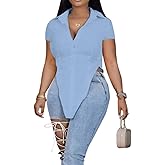 Wcuvbv Women Collar V Neck Button Down Slit Hem Short Sleeve Blouse Long Shirts Top