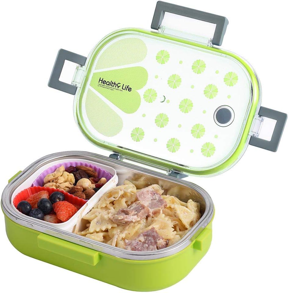 Stainless Steel Lunch Box with Removable Divided Container, Leakproof Portion Control Bento Boxes for Adults Kids School Office, BPA Free (Rectangle, Green)