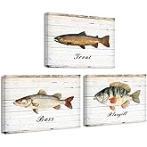 DOARTDO 3 Piece Fish Wall Art Bass Prints Bluegill Picture Trout Painting Fishing Wall Decor Canvas Rustic Farmhouse Cabin Home Men Boy Room Decor Framed (Fish-2, (12"x16"x3 Pieces))