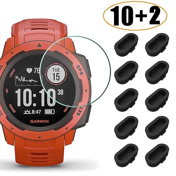 [10+2 Pack] Compatible Garmin Instinct/Garmin Instinct Tactical Screen Protector Tempered Glass with Charger Port Protector, Silicone Anti-dust Plug + ...