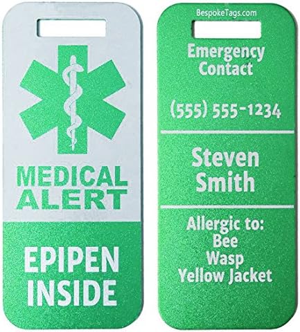 Medic Alert Tag"Epipen Inside" - Customized Engraved Info (Green)