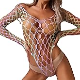Exlif Women Colorful Fishnet Sparkly Bodysuit Sexy Rhinestone Mesh Teddy One Piece Lingerie
