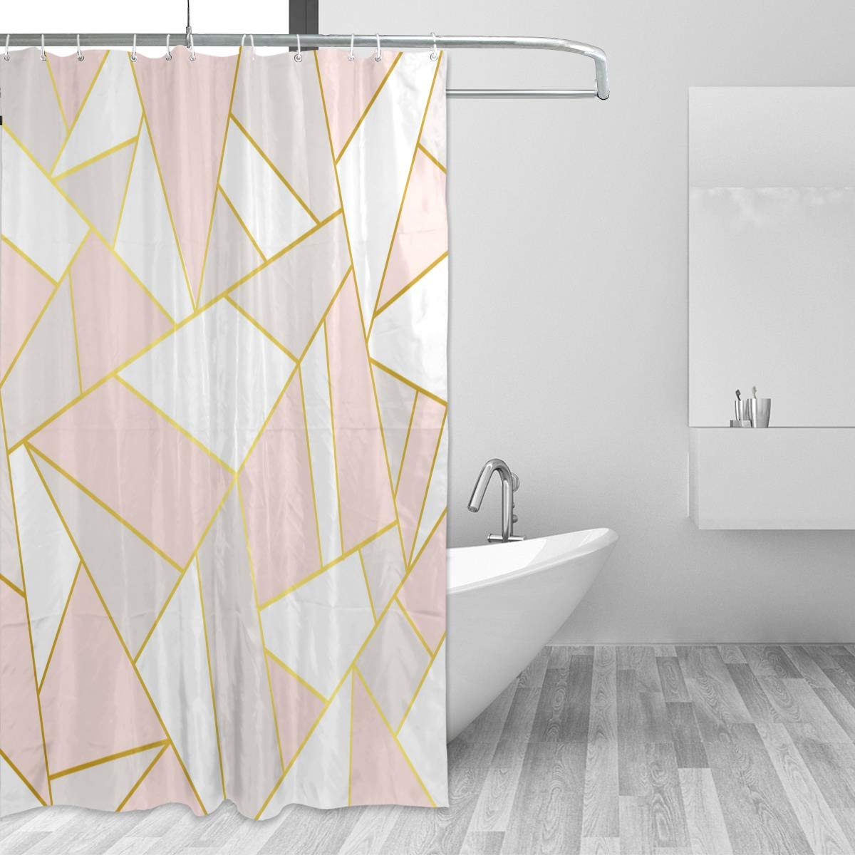 ALAZA Shower Curtain Fabric, Rose Gold Pink Geometry Marble Bathroom Waterproof Polyester Curtains Accessories With Hooks For Home Decorative (183cm x 183cm)