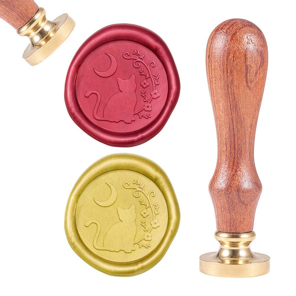 CRASPIRE Wax Seal Stamp Cat, Sealing Wax Stamps Flower Moon Retro Wood Stamp Wax Seal 25mm Removable Brass Head Wood Handle for Envelope Invitation Wedding Embellishment Bottle Gift Card