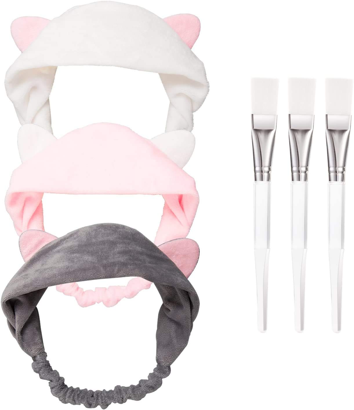 3 Pcs Cat Ears Headbands and 3 Pcs Mask Brush Spa Mask Makeup Set For Girls Women, Cute Design Pink & White & Black Hairbands with Light White Mask Brush, One Size, Multicoloured