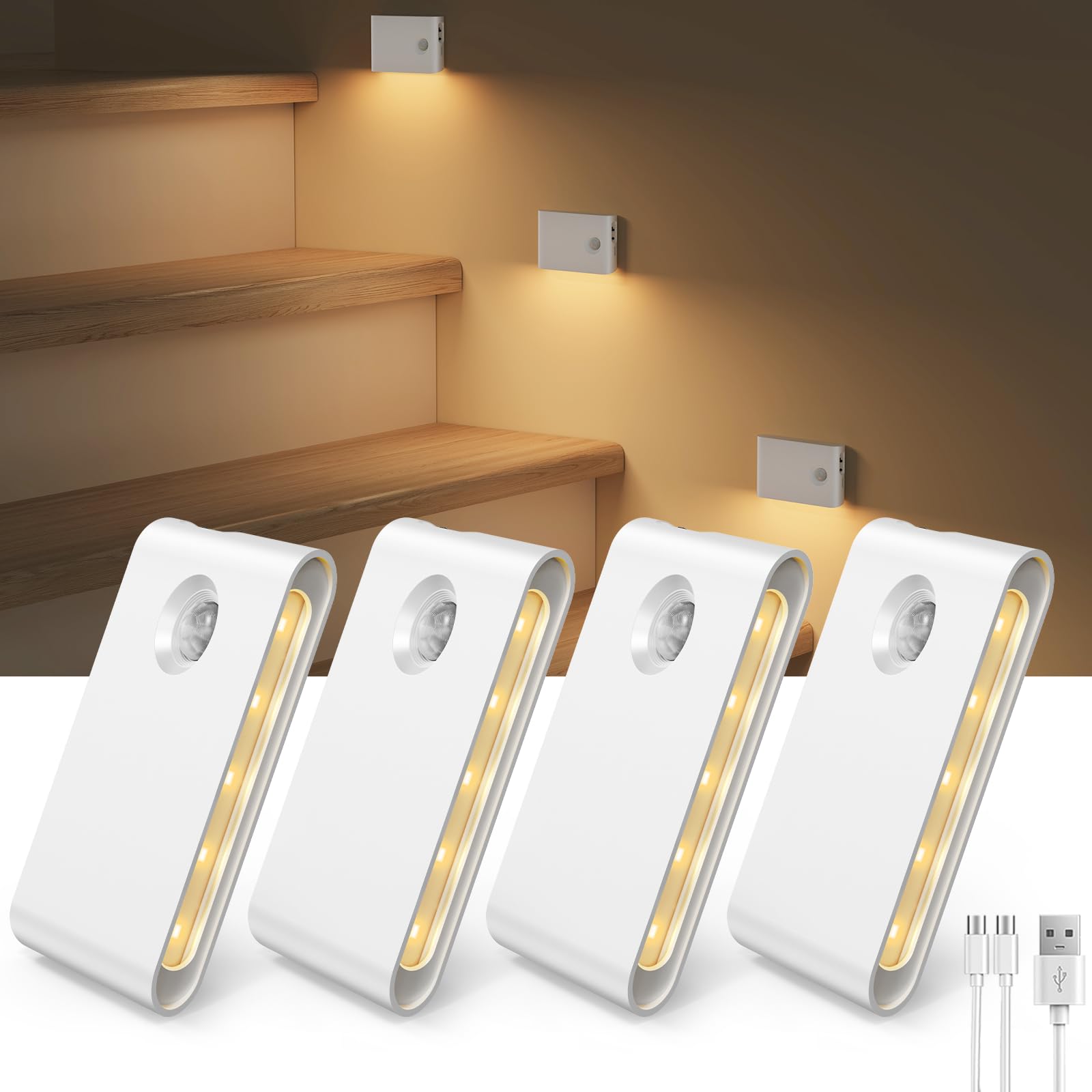 Photo 1 of **MISSING 2 ****EZVALO Motion Sensor Light Indoor, 1500mAh Rechargeable Stair Lights, Magnetic & Dimmable, 3000K Soft White, Wireless Night Lights for Hallway, Stairway, Bathroom, Bedroom, 4 Pack