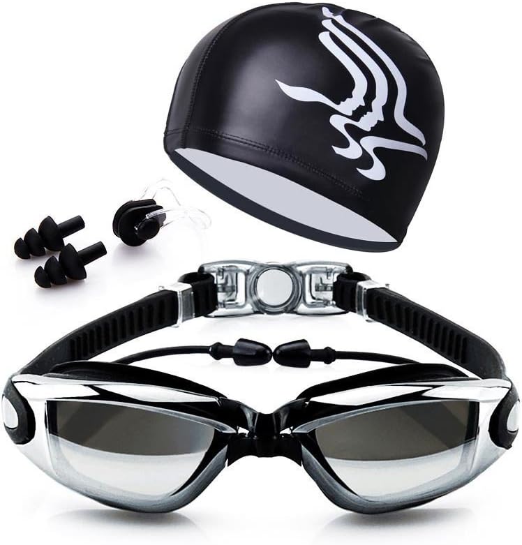 LOLOMODA Swim Goggle + Swim Caps Sets, Swimming Goggles No Leaking, Anti Fog, UV Protection Triathlon Free Protection Case for Adult Men Women Youth Kids Child