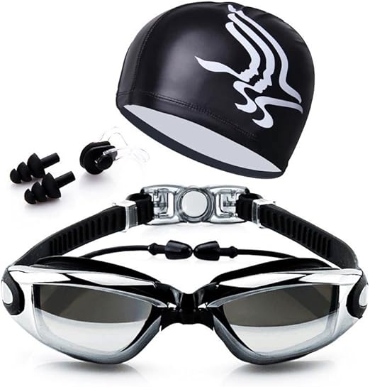 Swim Goggle + Swim Caps Sets, Swimming Goggles No Leaking Anti Fog UV