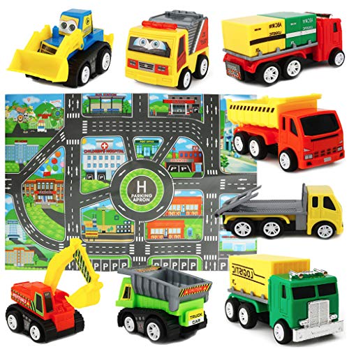 Sanlebi Construction Vehicles Toy Set with PlayMat Mini Pull Back Cars Model Trucks Play for Children Kids Toddlers Boys Birthday Cake Topper , Pack of 9 - Thumbnail 7