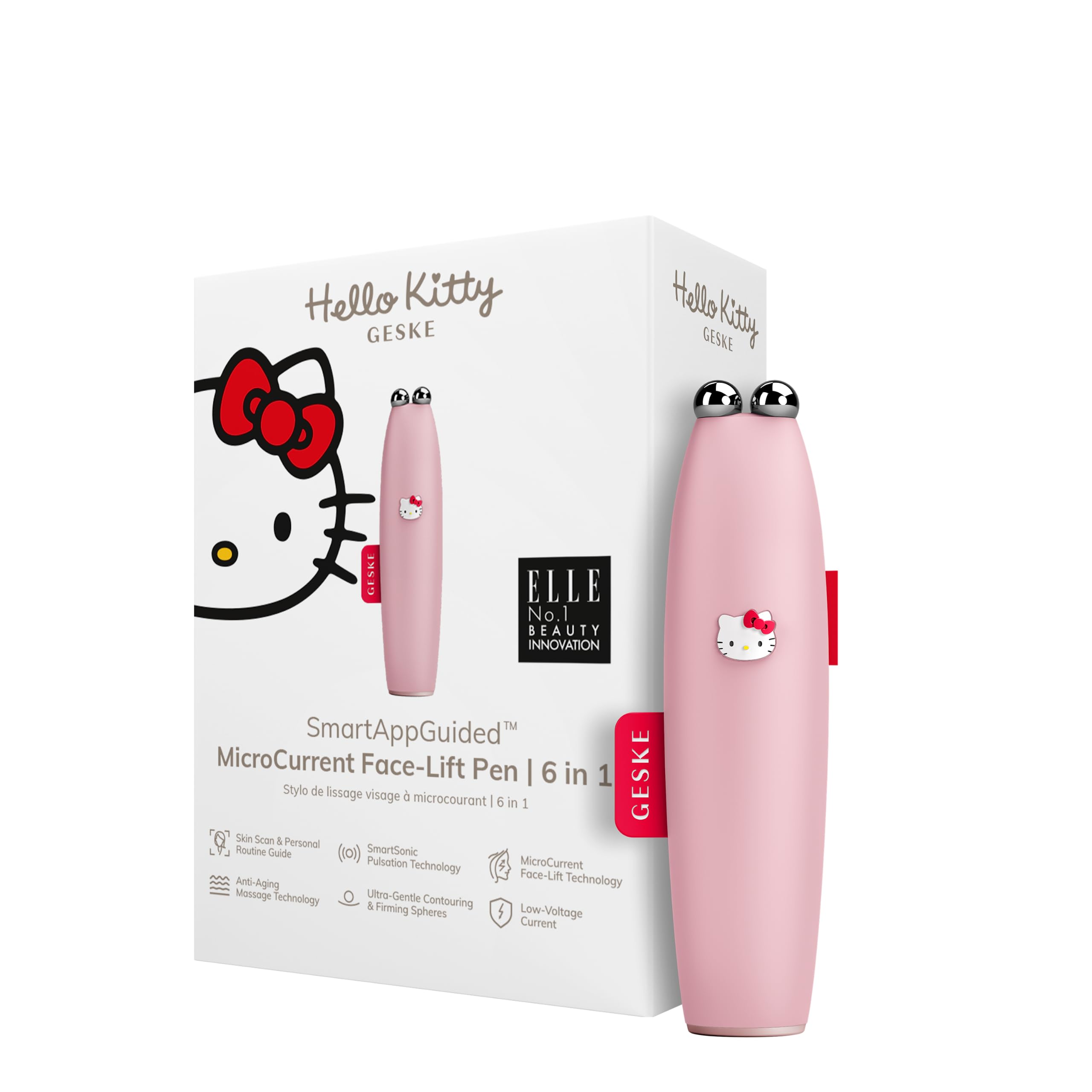 GESKE x Hello Kitty SmartAppGuided™ MicroCurrent Face-Lift Pen | 6 in 1 | Anti-aging device | Instant face lift | Skincare tool | Remove wrinkles for firm & youthful skin | Advanced facial firmer