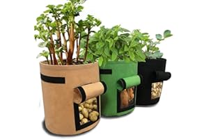 GEMGO 3 Pack Potato Grow Bag, 7 Gallon Aeration Waterproof Fabric Sweet Potato Planter, Harvest Window Vegetable Peanut Growing Box Bucket Pot for Nursery Garden (3 Pack, Black Brown Green)
