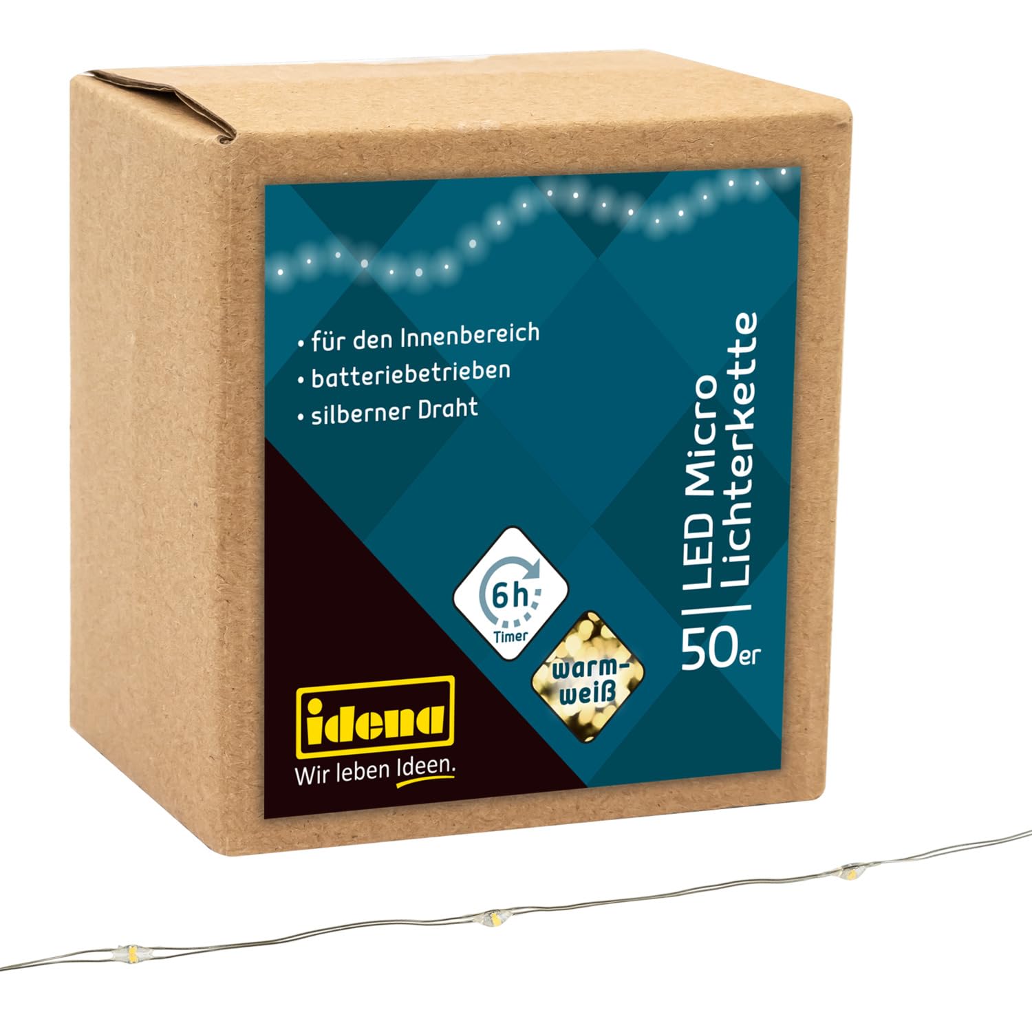 Idena 31825 LED Micro Fairy Lights with 50 LEDs in Warm White, 6 Hour Timer Function, Battery Operated, Approx. 5.2 m Long, Decoration for Indoors, Crafts, Party Decoration, Christmas Decoration