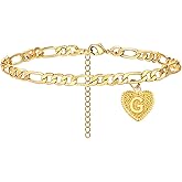 Dainty Heart Initial Anklet Bracelets for Women 14K Gold Plated Summer Letter Cuban Link Anklet with Initial Jewelry
