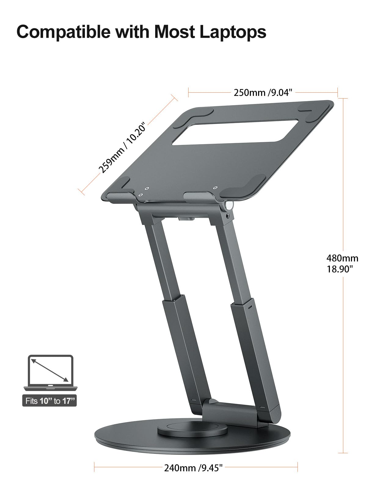 tounee Telescopic Laptop Stand for Desk with 360° Swivel Base, Sit to Stand, Height Adjustable, Portable Riser Holder for Good Posture, Compatible with MacBook Pro, All Laptops 10-17