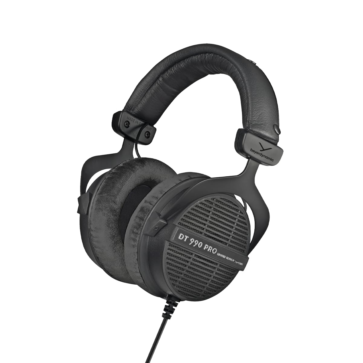 beyerdynamic DT 990 PRO, 250 Ohm, Parte posterior abierta, Over Ear, Auriculares con cable, Cable en espiral de 3 m, Negro con almohadillas de terciopelo gris