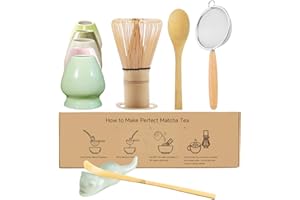 JavaNest 6-Piece Bamboo Matcha Whisk Set - Includes Chasen Whisk, Whisk Holder, Stainless Steel Sifter, Scoop, Spoon, Spoon Holder - Perfect for Traditional Japanese Matcha Preparation (Green)