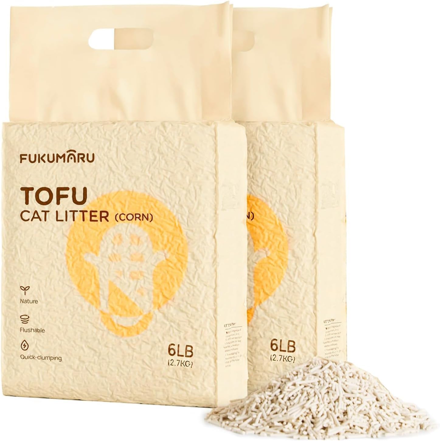 FUKUMARU Tofu Cat Litter Natural Unscented, Dust Free Litter, Flushable Direct to Toilet, Quick Clumping, Lightweight, Low Tracking Cat Litter Pellets, Effective Odor Control, 5.4Kg