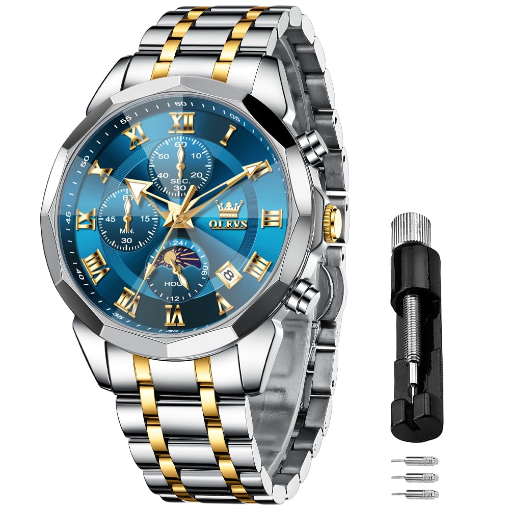 OLEVS Männer Uhr Quarz Luxus Business Uhren Multifunktion Chronograph Mondphase wasserdicht Leuchtend blaues Gesicht Silber Edelstahl Armbanduhren