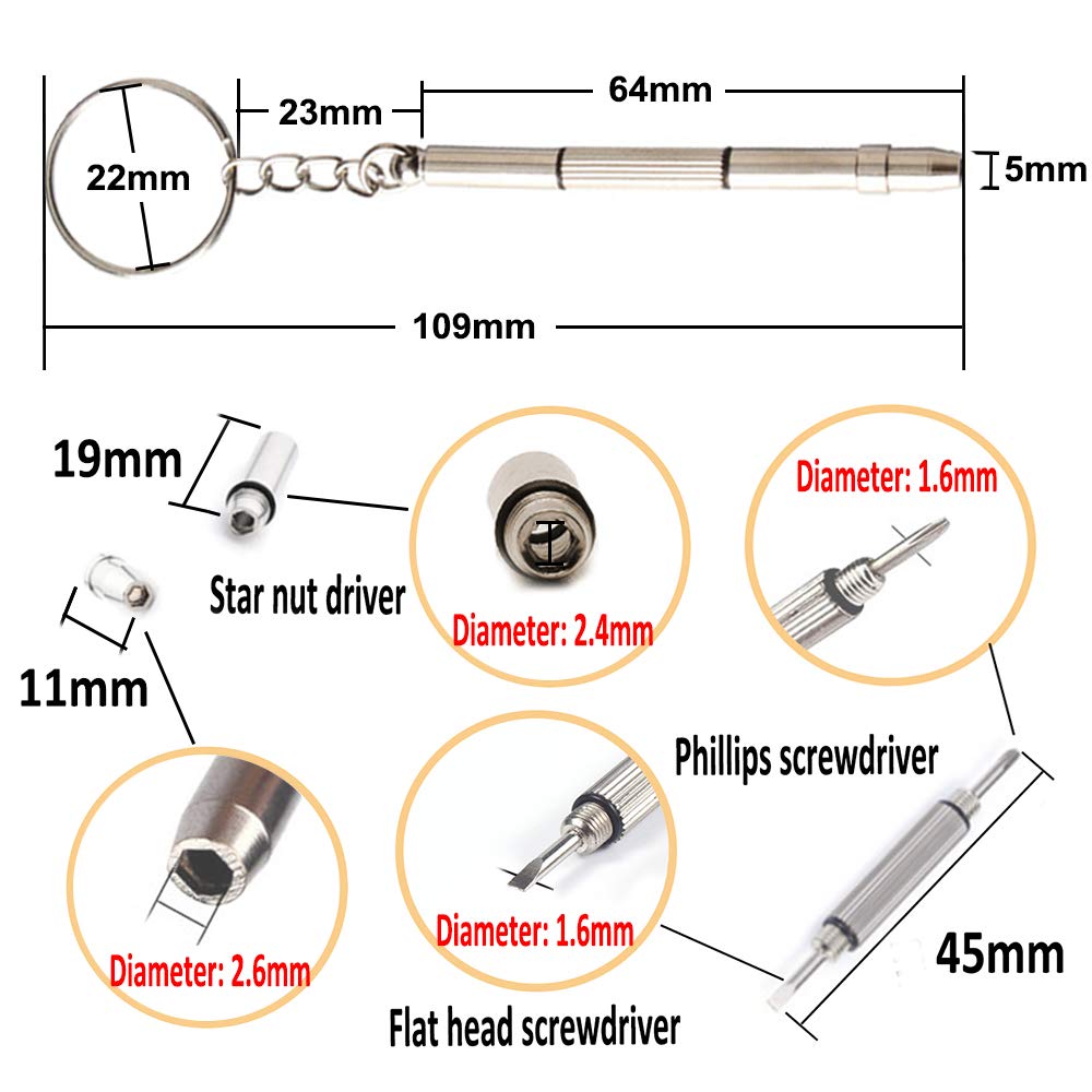 Mini 4 in 1 Screwdriver Keychain, Hotetey 5 Pack Stainless Steel Precision Screwdriver Keyring Repair Tool for Eyeglass Sunglasses Watch Phone Electronics