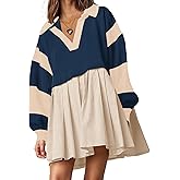 SAUKOLE Women’s Oversized Casual Sweatshirt Patchwork Dress Fall Long Sleeve Trendy Lapel Neck Pleated Mini Dress