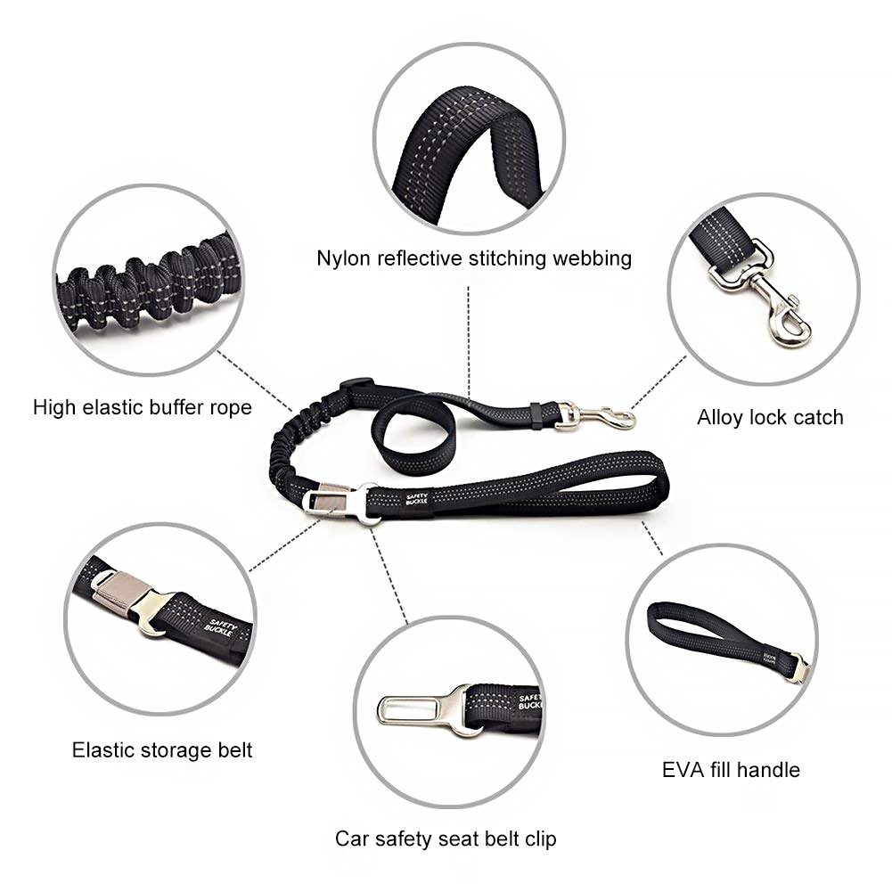 Dog Leash Adjustable Length - Reflective Nylon Webbing- High Elasticity Retractable Indestructible Dog Leash with Car Seat Belt Clip for Large & Medium Dogs Training, Walking and Car Travel (black)