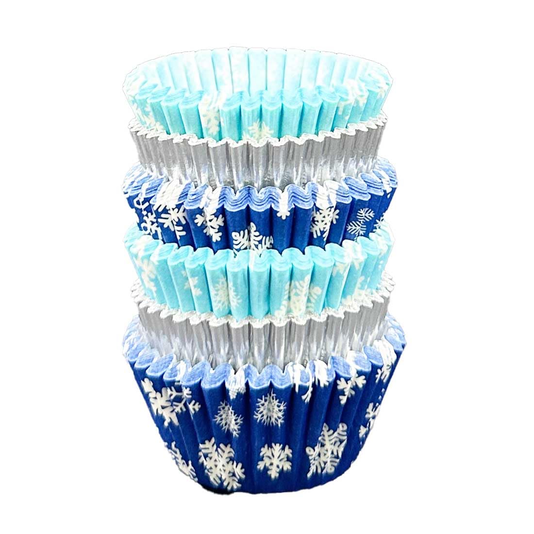 Scrumptious! 136PC Mini Muffin Cases - Christmas Silver Snowflake Mix - 45GSM 31mm x 23mm Midnight Snowflake, Ice Snowflake and Silver Foil Paper Baking Cases. for Xmas and Festive Themed Party Cakes