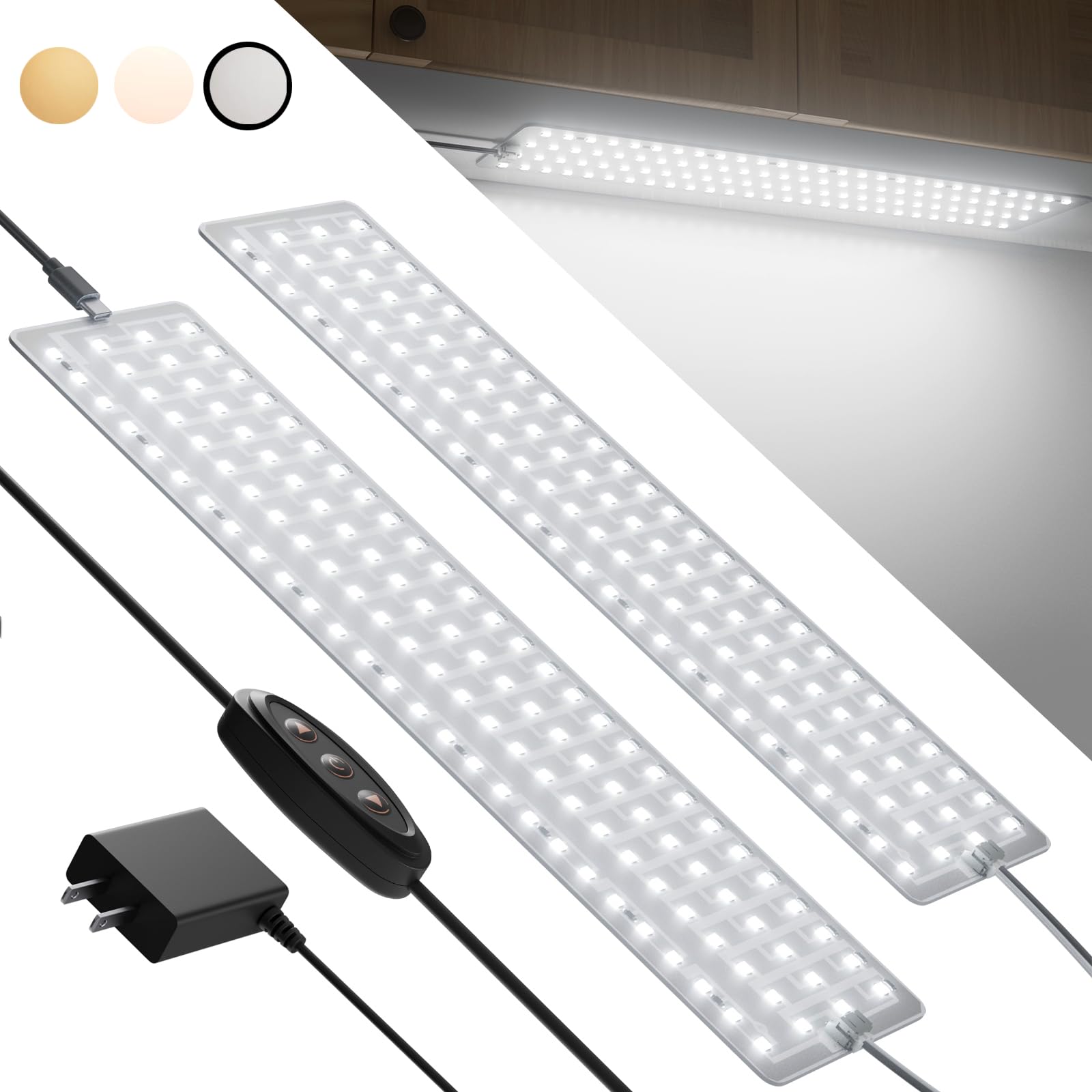 Photo 1 of Undercabinet Lights for Kitchen 1000lm 108 LEDs, 2-Pack Under Cabinet Lighting Plug in, 12in Panel Under Counter Lights for Kitchen,Stick on Led Under Cabinet Light, Cold White for Cabinet,Desk,Shelf