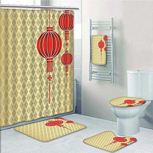 Designer Bath Polyester 5-Piece Bathroom Set, Chinese with Baroque Repeating Background New Year Celebration Print bathroom rugs shower curtain/rings and Both Towels(Medium size)