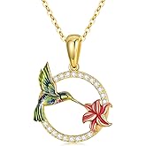 Ayafee 14K Yellow Gold Hummingbird Pendant Necklace for Women Small Circle Hummingbird Necklace with Flower for Birthday Christmas