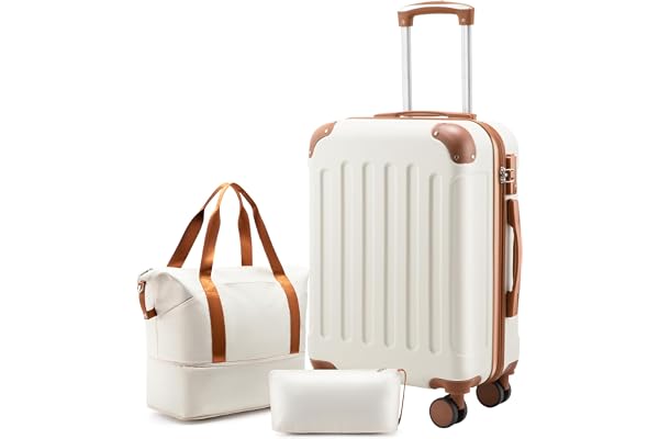 YOETEY 3-Piece Lightweight Carry On Luggage Set, White Brown | Airline Approved, 20 Inch Hardside Suitcase with Spinner Wheel