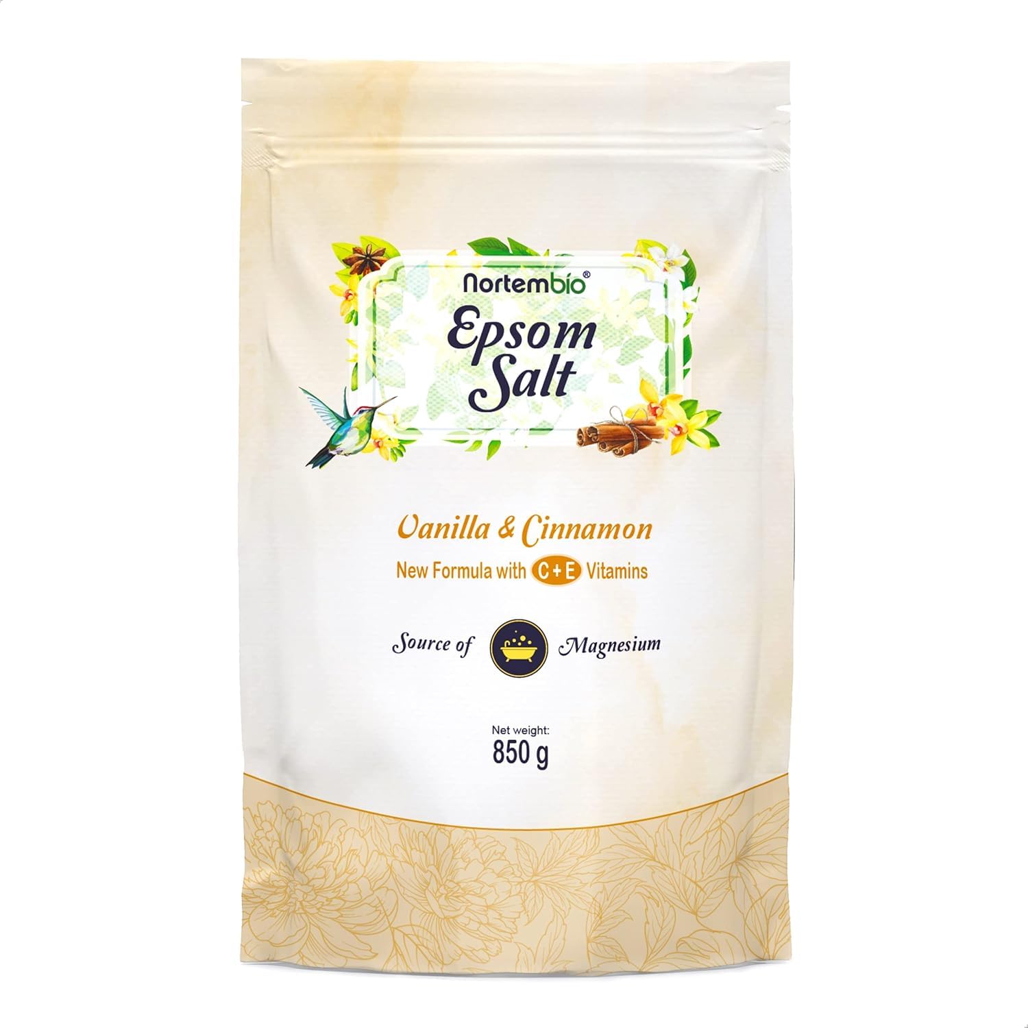 Nortembio Epsom Salt 100% Vanilla & Cinnamon Fragrance 850 g – Natural Source of Magnesium | with Moisturizing Vitamin C & E | for Relaxing Baths, Spa & Skincare + Free E-Book