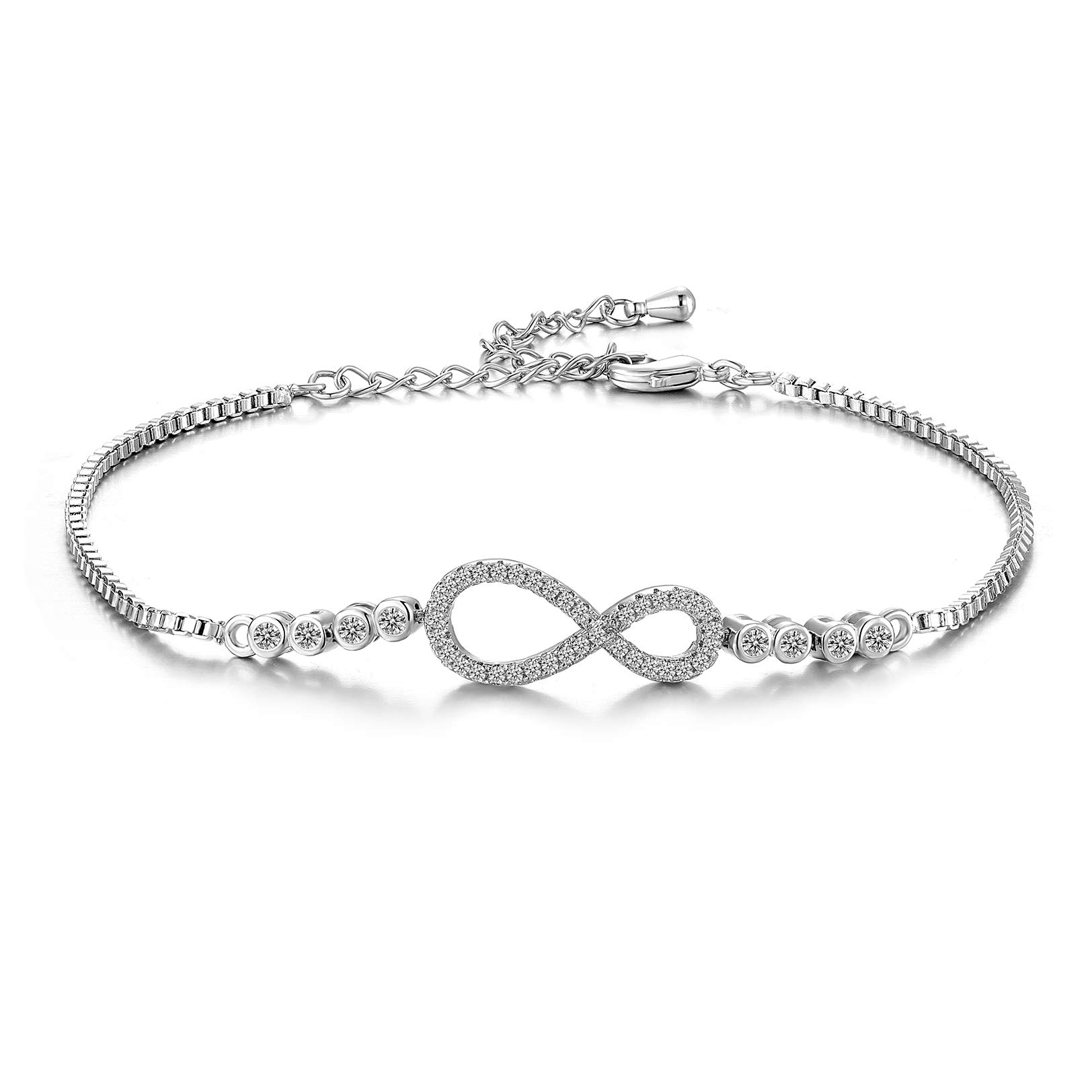 CERSLIMO Silver Bracelet for Women, White Gold Plated Cubic Zirconia Paved Infinity Heart Round Circle Bracelets | Birthday Gift for Girls Ladies Mom Sister Best Friends Girlfriend Adjustable Bracelet