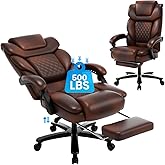 Comermax Heavy Duty Leather Office Chair with Footrest, Wide Seat Big Tall Reclining Office Desk Chair for 500lbs Heavy People, Brown