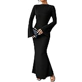Narecte Fall Dresses for Women 2025 Maxi Dresses Solid Color Flare Sleeve Bodycon Dress Black L