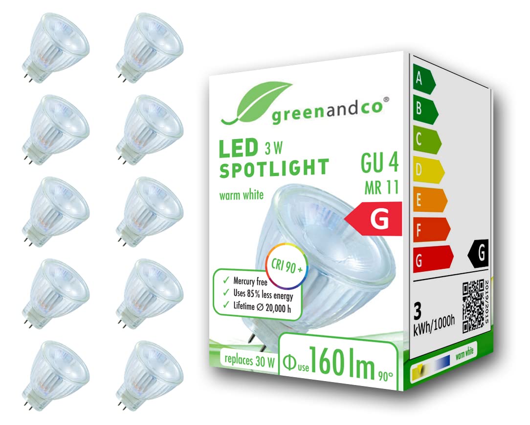greenandco® CRI 90+ LED spot Replaces 20 Watt GU4 MR11 Halogen Spotlight, 3W 160 Lumen 3000K Warm White 38° 12V AC/DC, no Flicker, not dimmable, 10-Pack