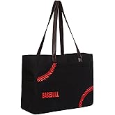 JIU HONG CHAO XL Baseball Mom Tote Bags For Women Canvas Utility Purse Handbag with Pockets baseball gifts for Women coaches (Black, X-Large)