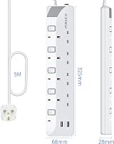 PIBEEX 5M 13A 4 Way Power Strip 2 USB Extension Lead with Individual Switches view 6
