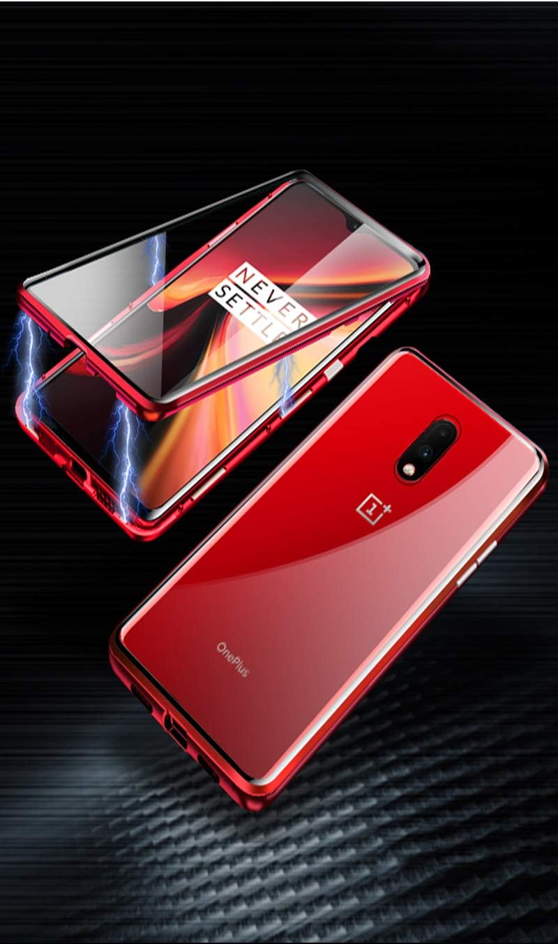 Plzcoin OnePlus 7 Pro Case Aluminum Bumper Magnetic Adsorption Front and Back 9H Tempered Glass 360° Full Body Protection Cover for OnePlus7Pro(Red)