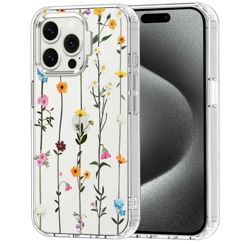 MOSNOVO Case for iPhone 15 Pro Max, [Buffertech 6.6ft Military-Grade Drop Protection] [Anti Peel Off Tech] Clear TPU Bumper Phone Case Cover Design - Wildflowers — image 1
