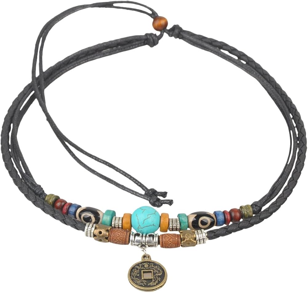 Boho Double Cord Choker Necklace with Chinese Coin Pendant & Turquoise Bead, Black Leather and Hemp Cord, 38 cm (15 inches)