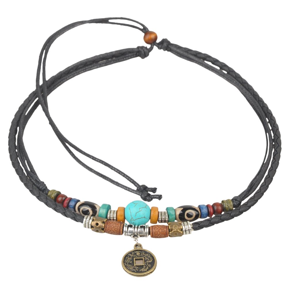 Boho Double Cord Choker Necklace with Chinese Coin Pendant & Turquoise Bead, Black Leather and Hemp Cord, 38 cm (15 inches)