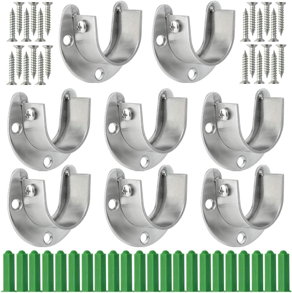 Yookat 8Pcs Stainless Steel Rod Socket Flange Rob Holder U Shaped Closet Pole Sockets Rod Support Easy Installation with 24Pcs Screws and 24Pcs Anchors