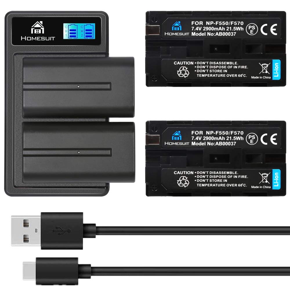 Homesuit NP-F550 Batteries (2 Pack) and Dual Charger Compatible with NP F970, F960, F770, F750, F570, F550, F530, F330, CCD-SC55, TR516, TR716, TR818, TR910, TR917, TR940 (LCD)
