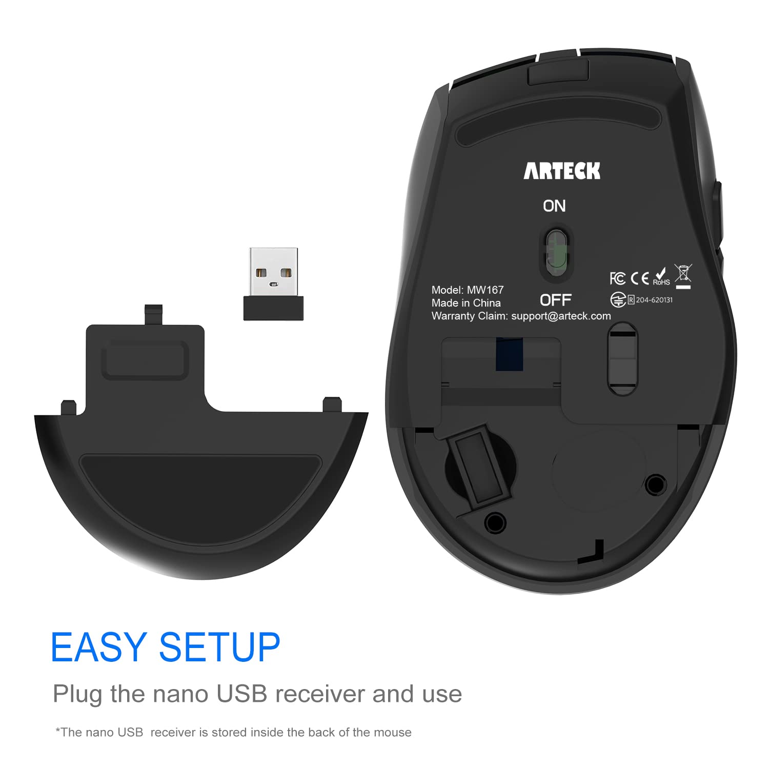 Arteck Wireless Mouse, 2.4G USB Wireless Ergonomic Optical Mouse, with Nano USB Receiver Silent Clicking Side Switch Buttons for Computer/Desktop/PC/Laptop and Windows 11/10 Rechargeable Battery