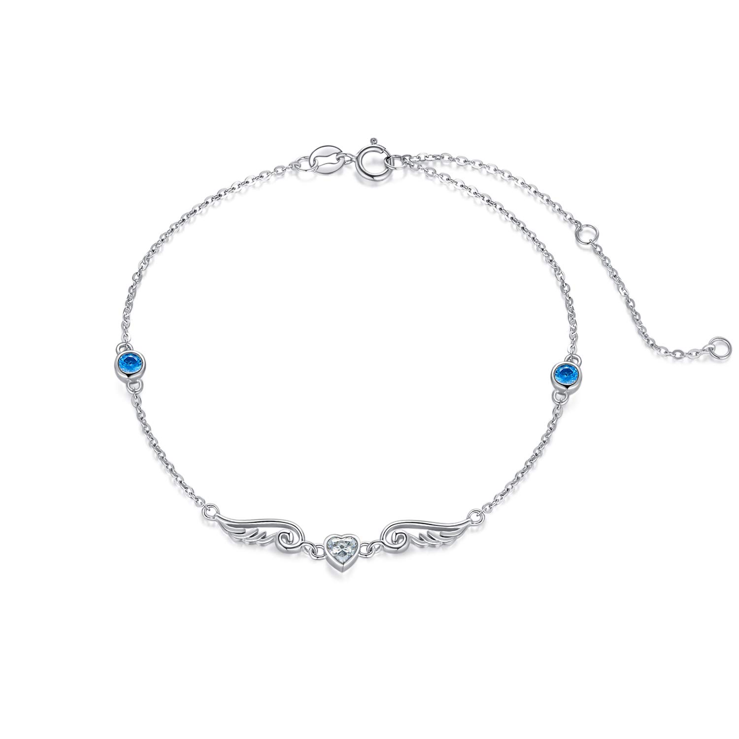 YDD 9ct Gold Angel Wings Bracelet for Women, Feather Bracelet for Girls Blue Cubic Zirconia Love Heart Bracelet Gifts for Ladies 6.5''+1''+1''