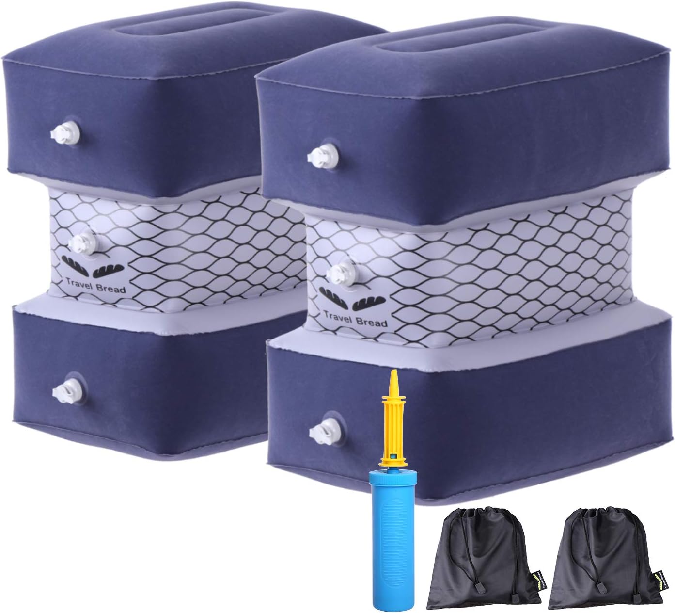 Travel Bread Foot Rest Pillow, 3-Level 3-Chamber Height-Adjustable Inflatable Travel Leg Rest Pillow Cushion for Foot Rest on Airplanes, Cars, Trains, Office (I-Shaped, Blue, Pack of 2)