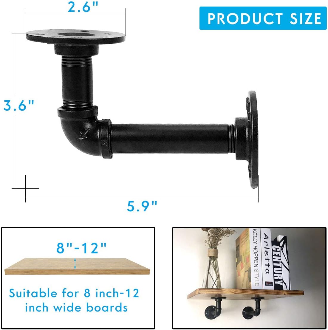 Industrial Pipe Shelf Brackets for Shelves 8 10 12 Inch, Black Metal L Pipe Floating Shelf Bracket - Heavy Duty Decorative Wall Shelving Bracket Rustic Farmhouse Vintage Style - 6 Pack: Home Improvement