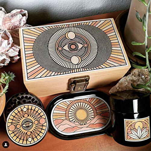 Stash Box Combo - Accessories Kit, Locking Wooden Box with Grinder, Rolling Tray, Smell Proof Glass Jar, Bamboo Box with Lock (Desert Visions)