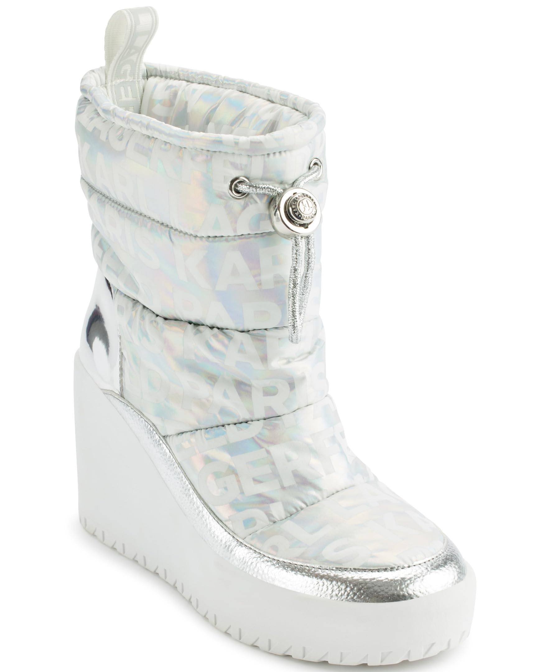 Karl Lagerfeld Paris Women’s Berdina Wedge Slip On Ankle Boot, Silver Irridescent, 7.5