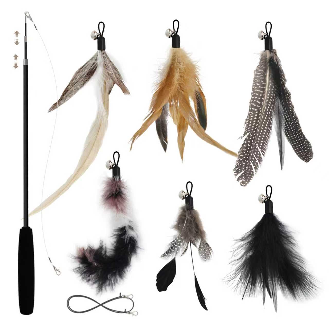 SONGWAY Cat Feather Stick Toy - 7 PCS Cat Feather Toys, 1 Teaser Wand with 6 Feather Refills with Bell, Interactive Cat Toy Wand for Indoor Cats and Kitten, Black